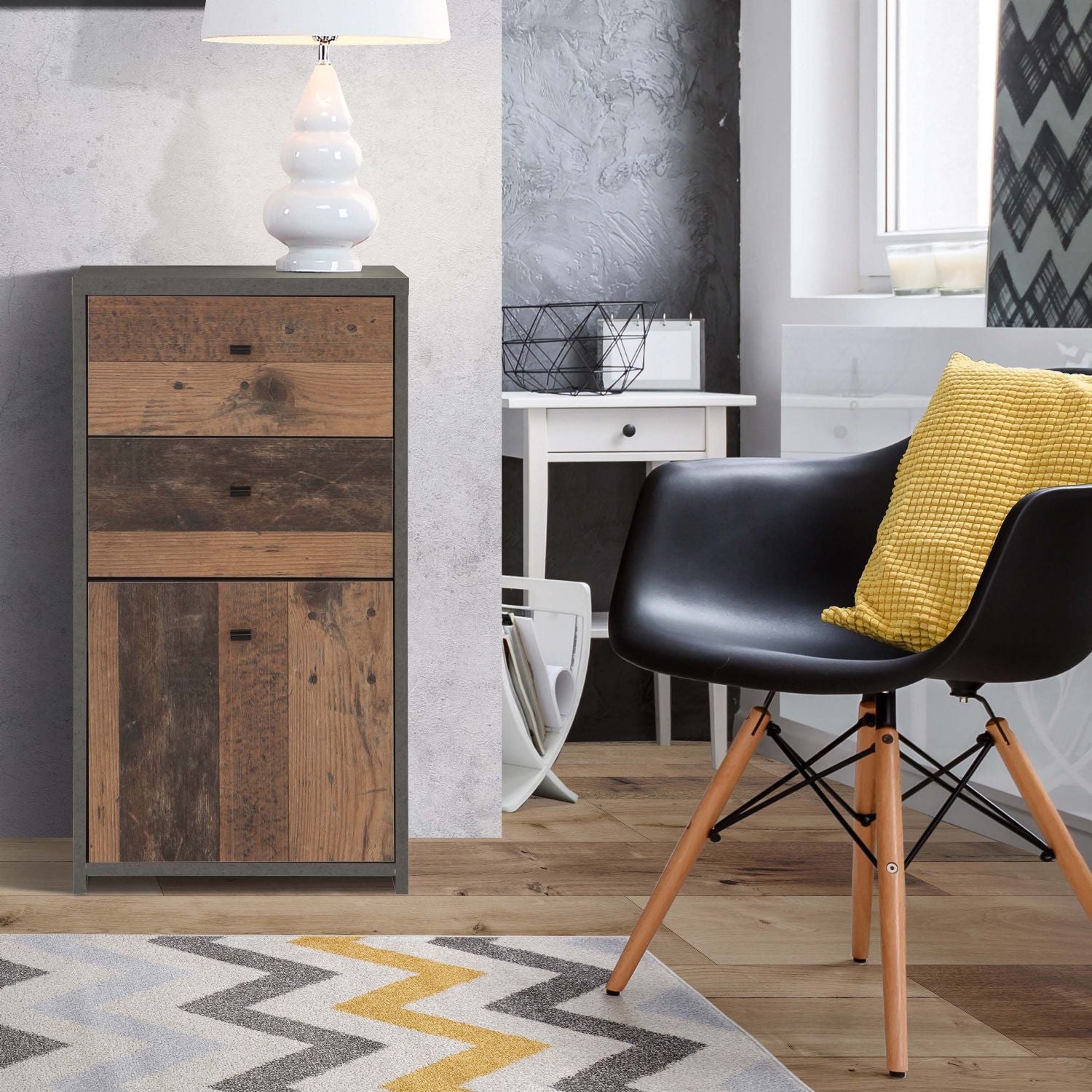 Best Chest Storage Cabinet 2 Drawers 1 Door in Concrete Optic Dark Grey Old Wood Vintage