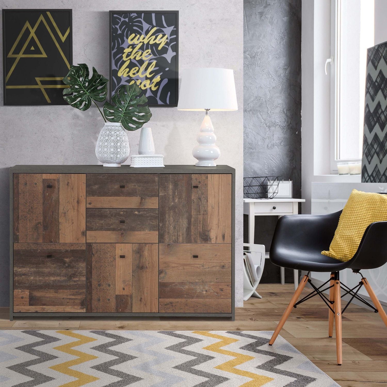 Best Chest Storage Cabinet with 2 Drawers and 5 Doors in Concrete Optic Dark Grey Old Wood Vintage