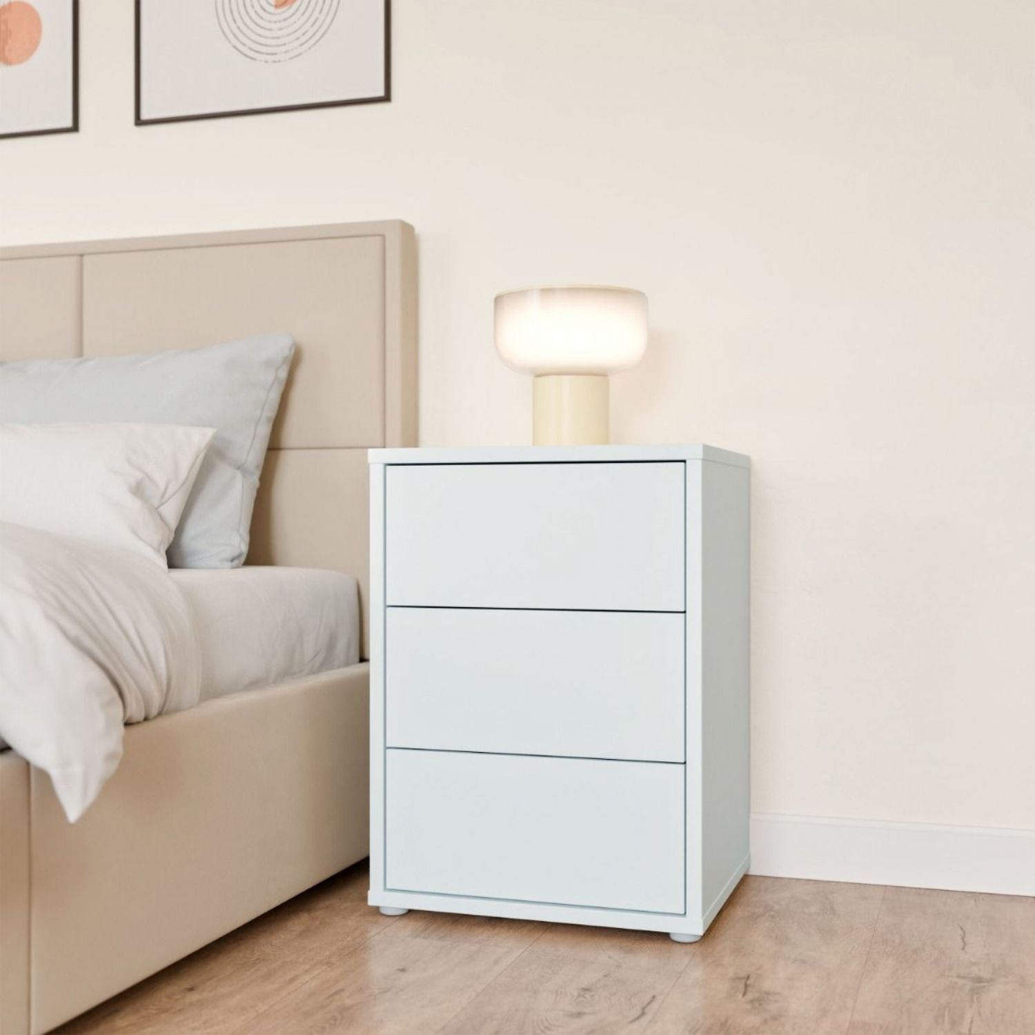 Alice Springs Bedside Cabinet with 3 Drawers PushtoOpen in Light Grey