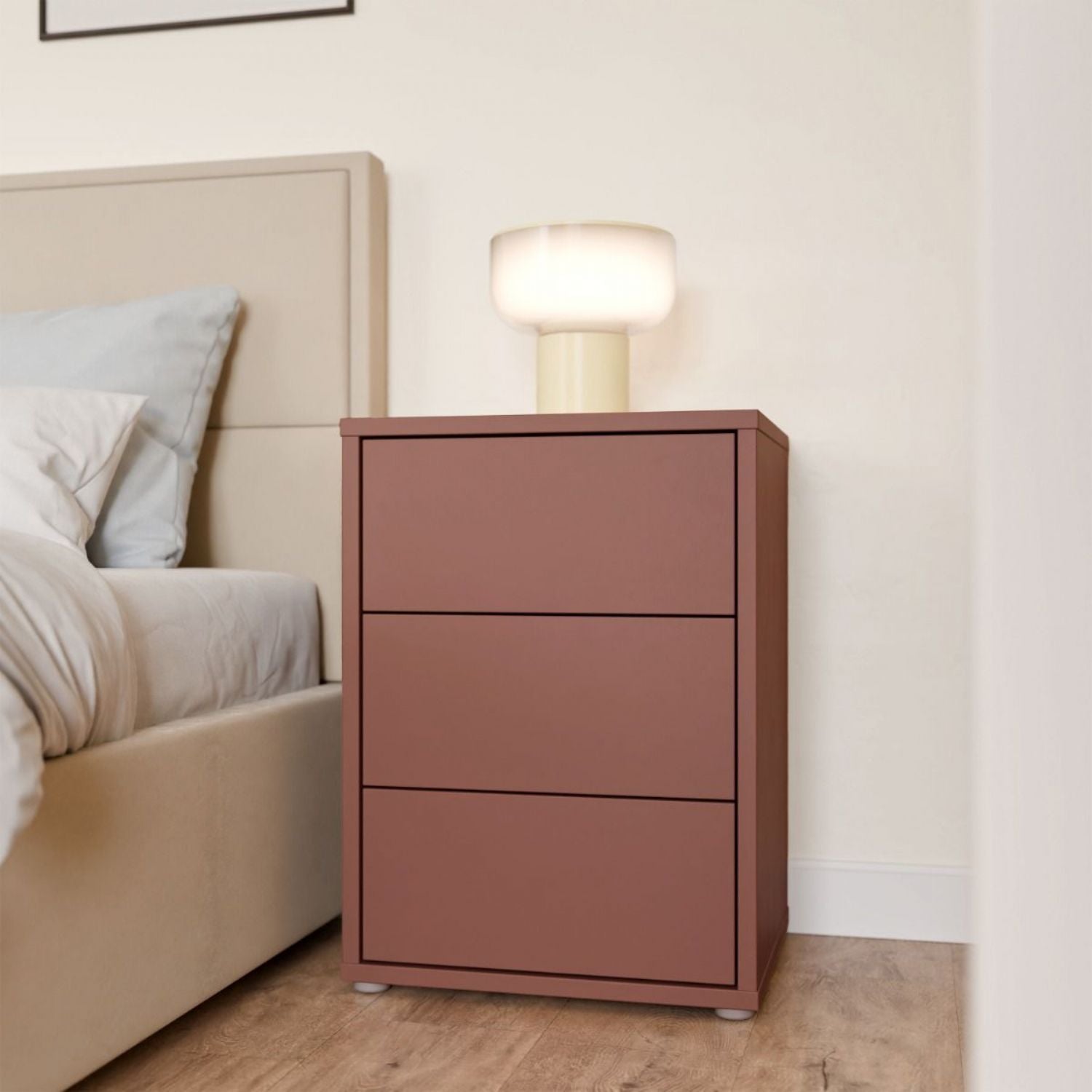 Alice Springs Bedside Cabinet with 3 Drawers PushtoOpen in Terracotta