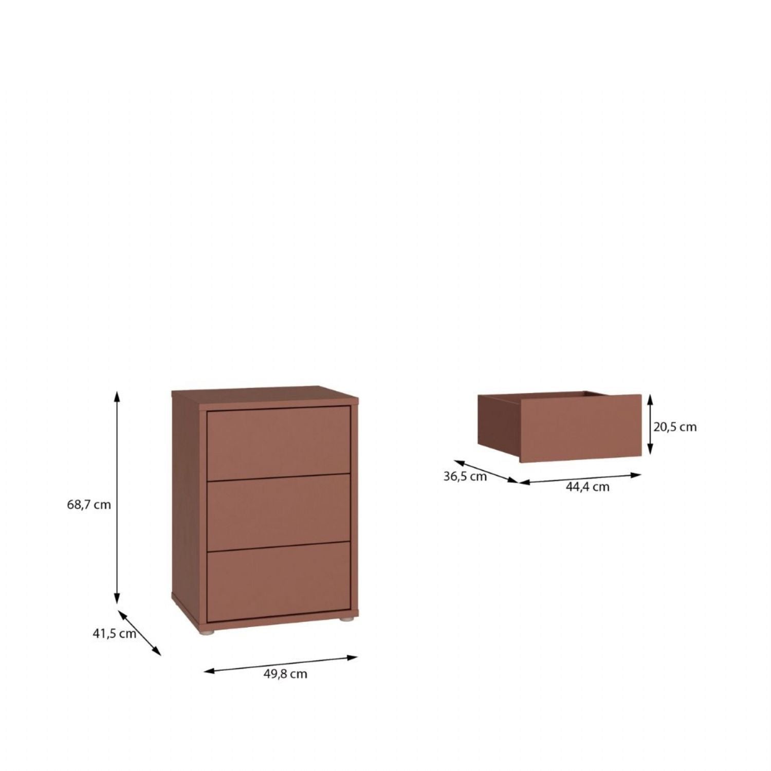 Alice Springs Bedside Cabinet with 3 Drawers PushtoOpen in Terracotta