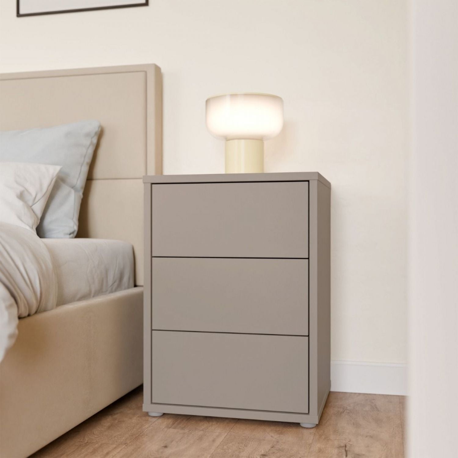 Alice Springs Bedside Cabinet with 3 Drawers PushtoOpen in Taupe