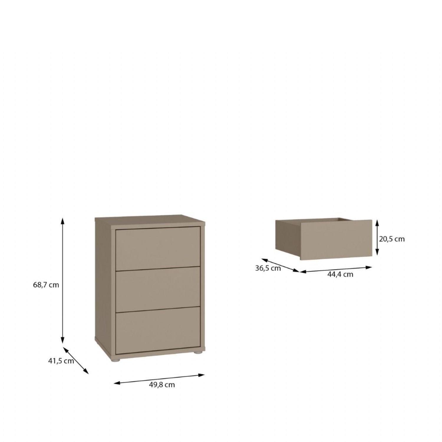 Alice Springs Bedside Cabinet with 3 Drawers PushtoOpen in Taupe