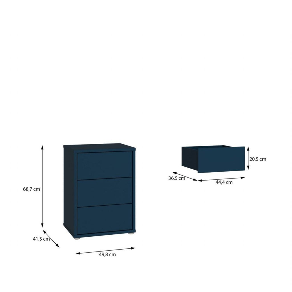 Alice Springs Bedside Cabinet with 3 Drawers PushtoOpen in Night Blue