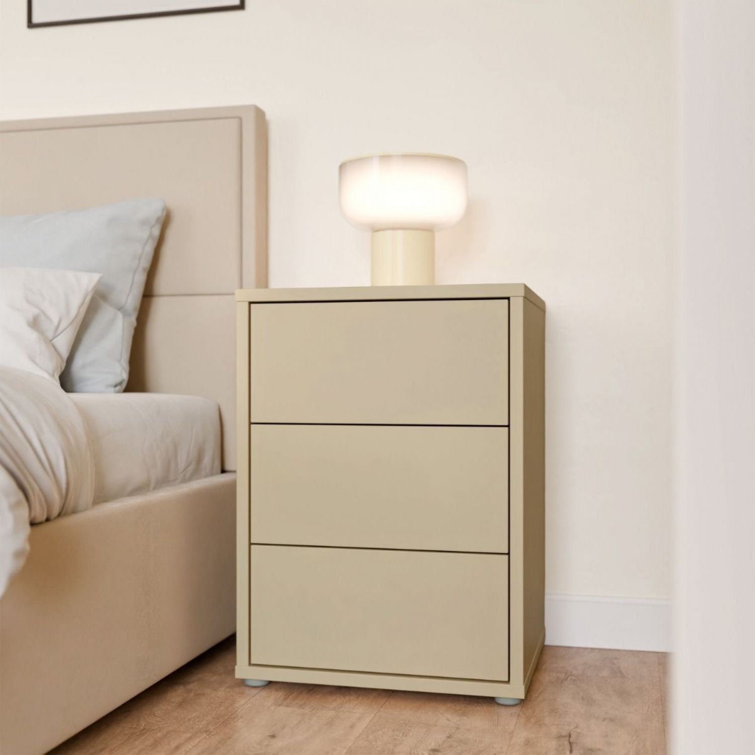 Alice Springs Bedside Cabinet with 3 Drawers PushtoOpen in Butter Yellow