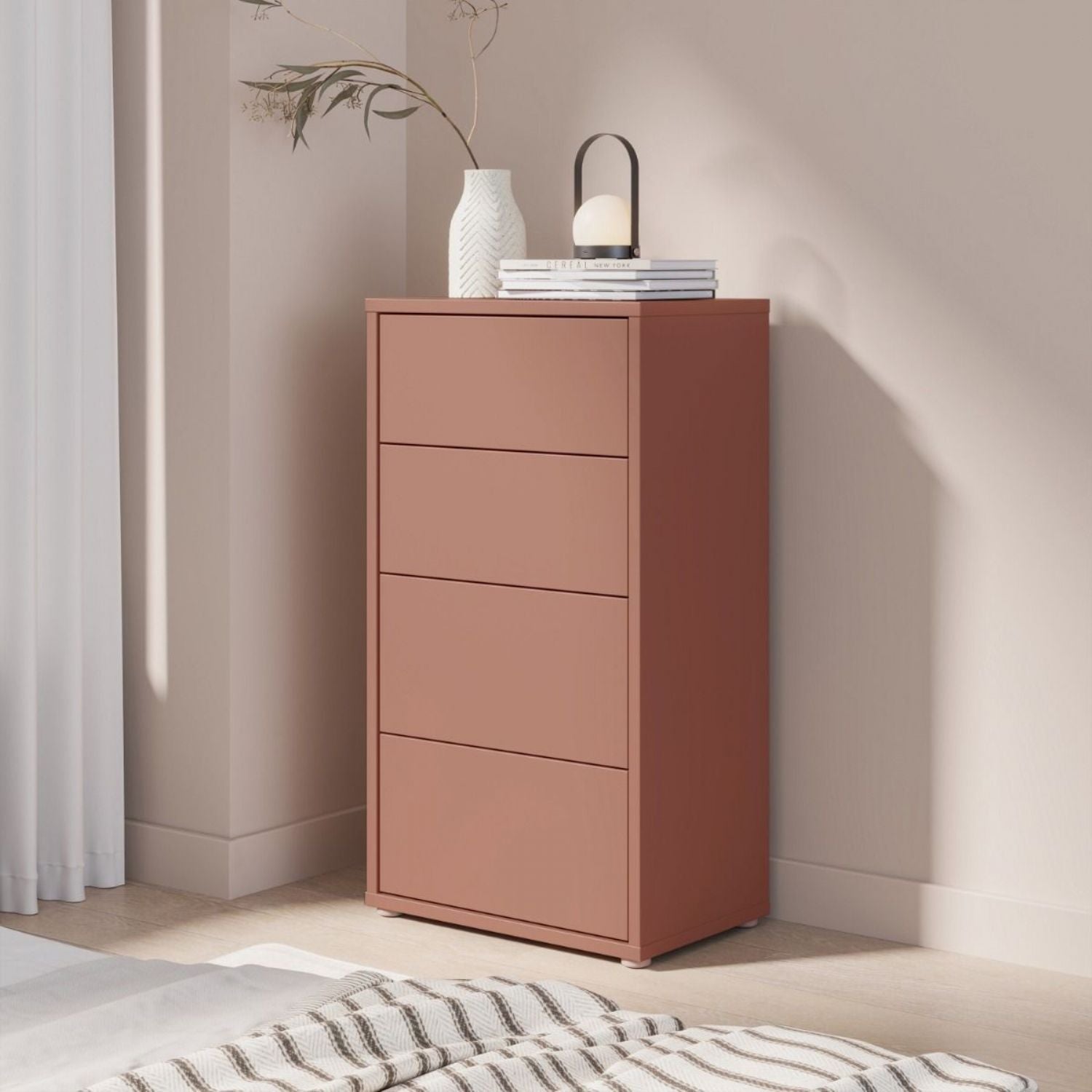 Alice Springs Tall 4 Drawer Chest with PushtoOpen Drawers in Terracotta