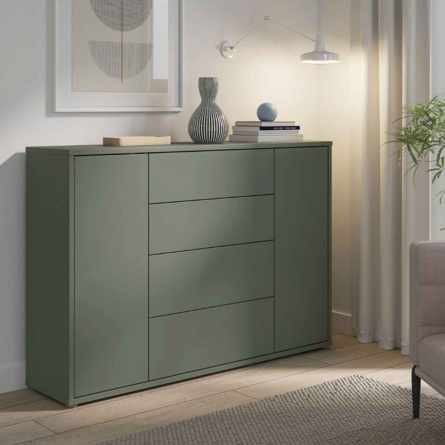 Alice Springs Wide Sideboard with 4 Drawers & 2 Doors with PushtoOpen in Sage Green