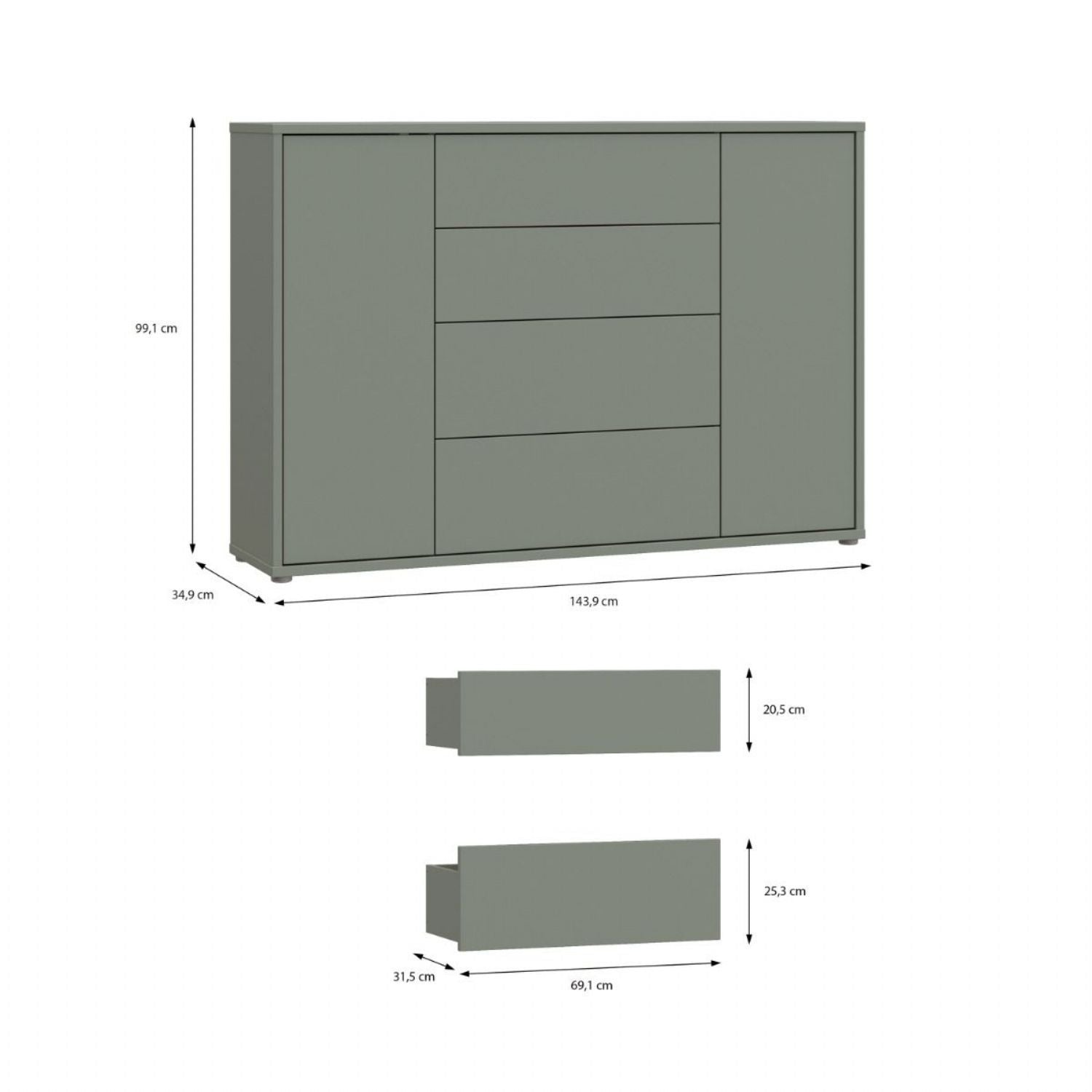 Alice Springs Wide Sideboard with 4 Drawers & 2 Doors with PushtoOpen in Sage Green