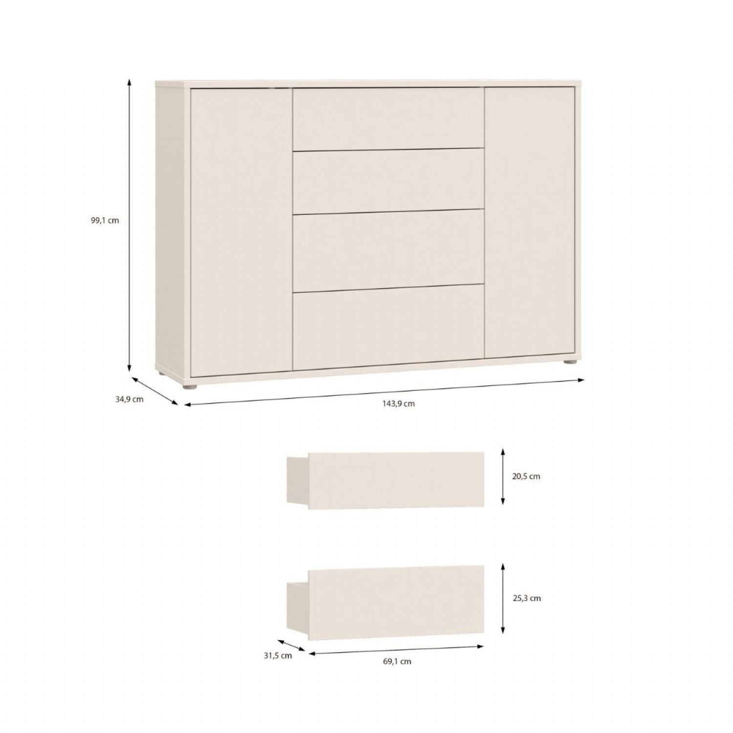 Alice Springs Wide Sideboard with 4 Drawers & 2 Doors with PushtoOpen in Sand