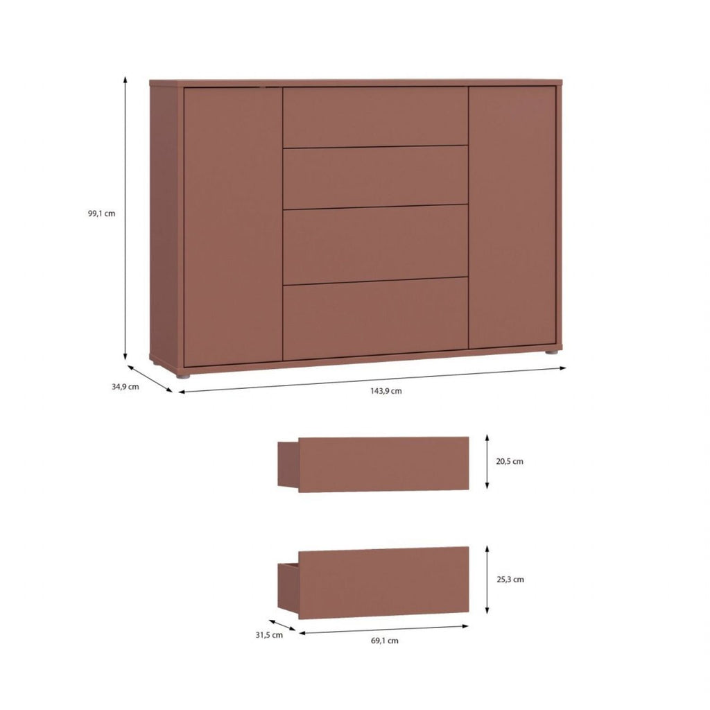 Alice Springs Wide Sideboard with 4 Drawers & 2 Doors with PushtoOpen in Terracotta
