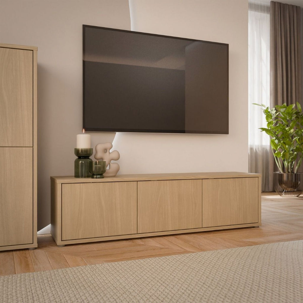 Alice Springs Wide TV Cabinet with 3 Doors PushtoOpen in Elegancia Oak