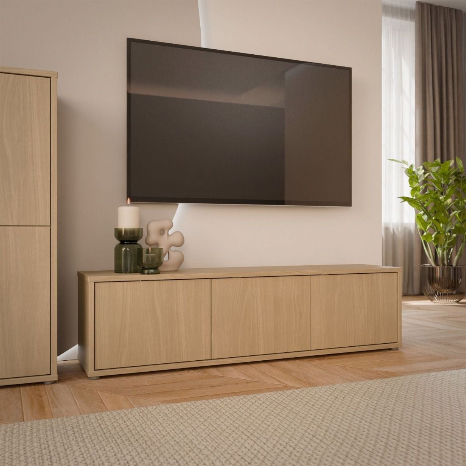 Alice Springs Wide TV Cabinet with 3 Doors PushtoOpen in Elegancia Oak