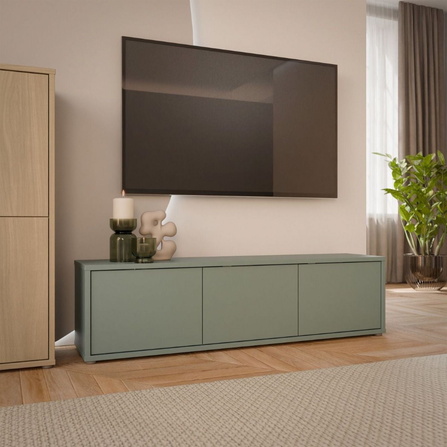 Alice Springs Wide TV Cabinet with 3 Doors PushtoOpen in Sage Green