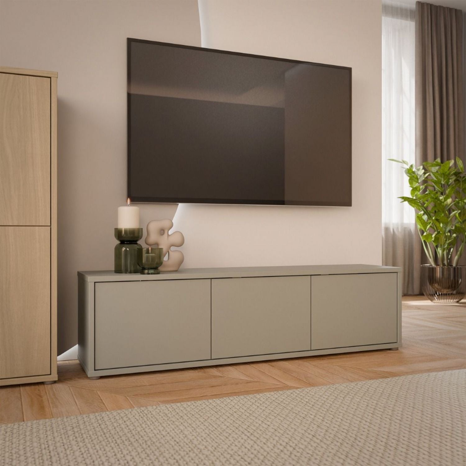 Alice Springs Wide TV Cabinet with 3 Doors PushtoOpen in Taupe