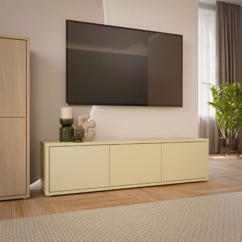 Alice Springs Wide TV Cabinet with 3 Doors PushtoOpen in Butter Yellow