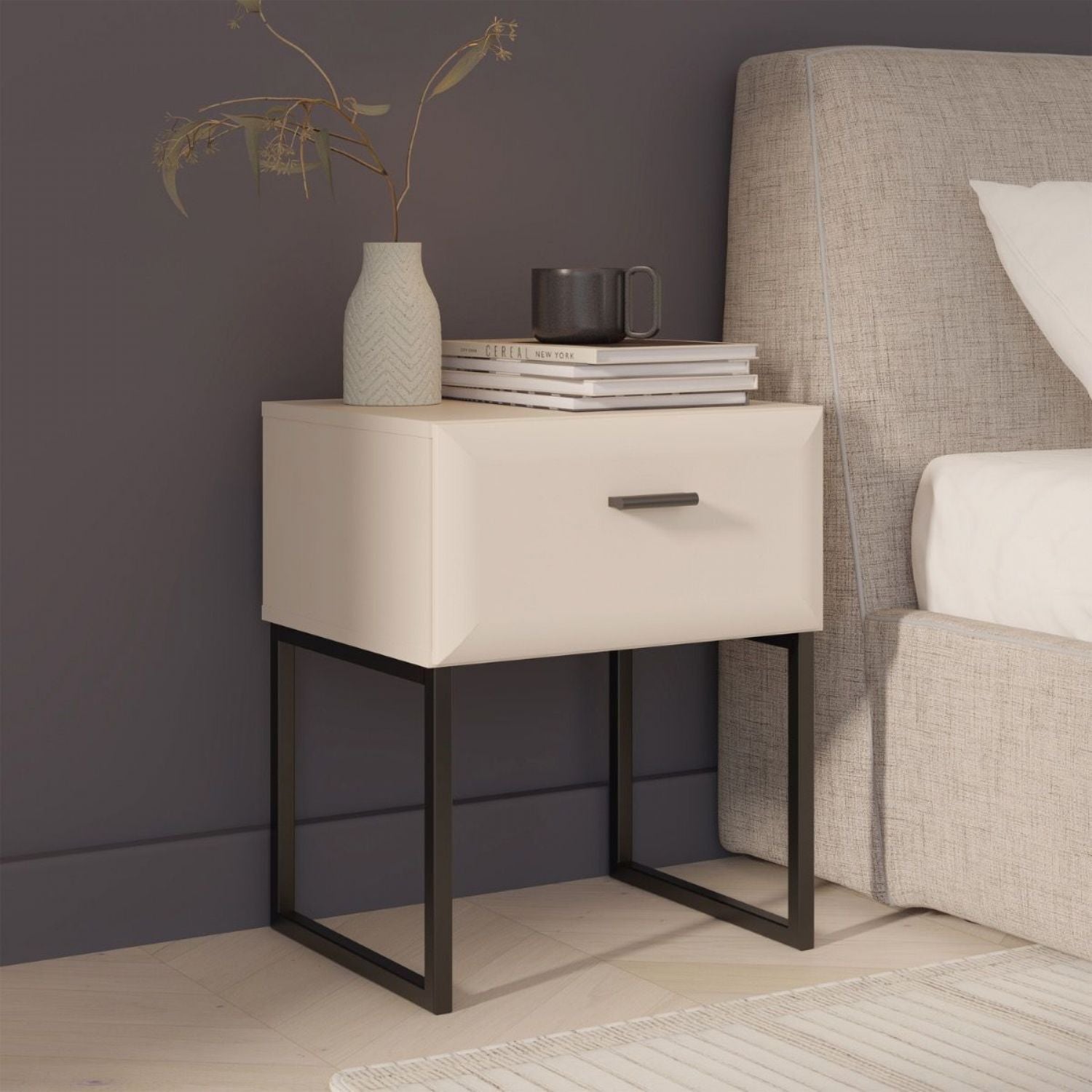 Akihisa Bedside Table with Drawer and Metal Legs in Sand