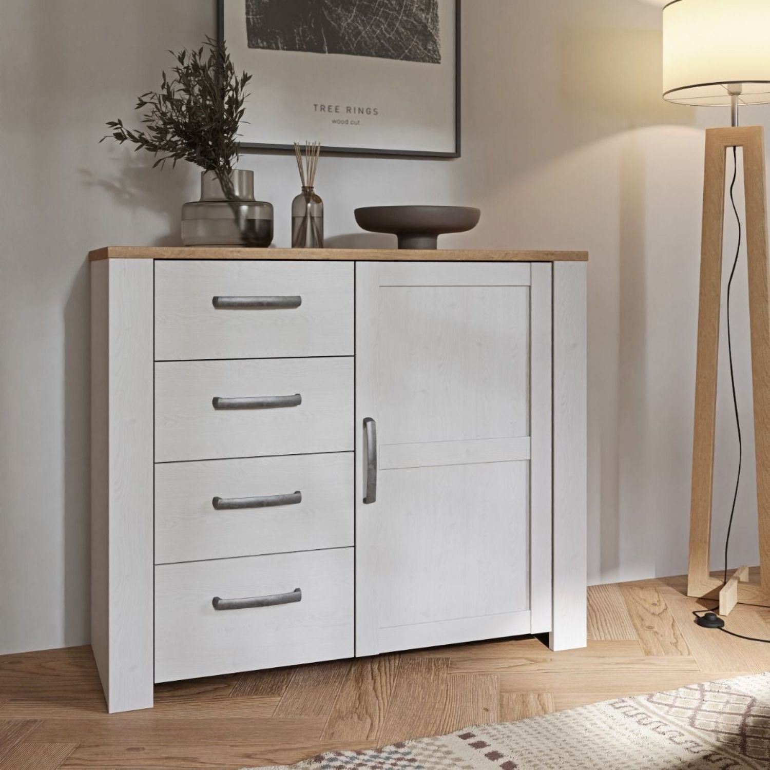 Bohol 1 Door 4 Drawer Chest in White Riviera Oak