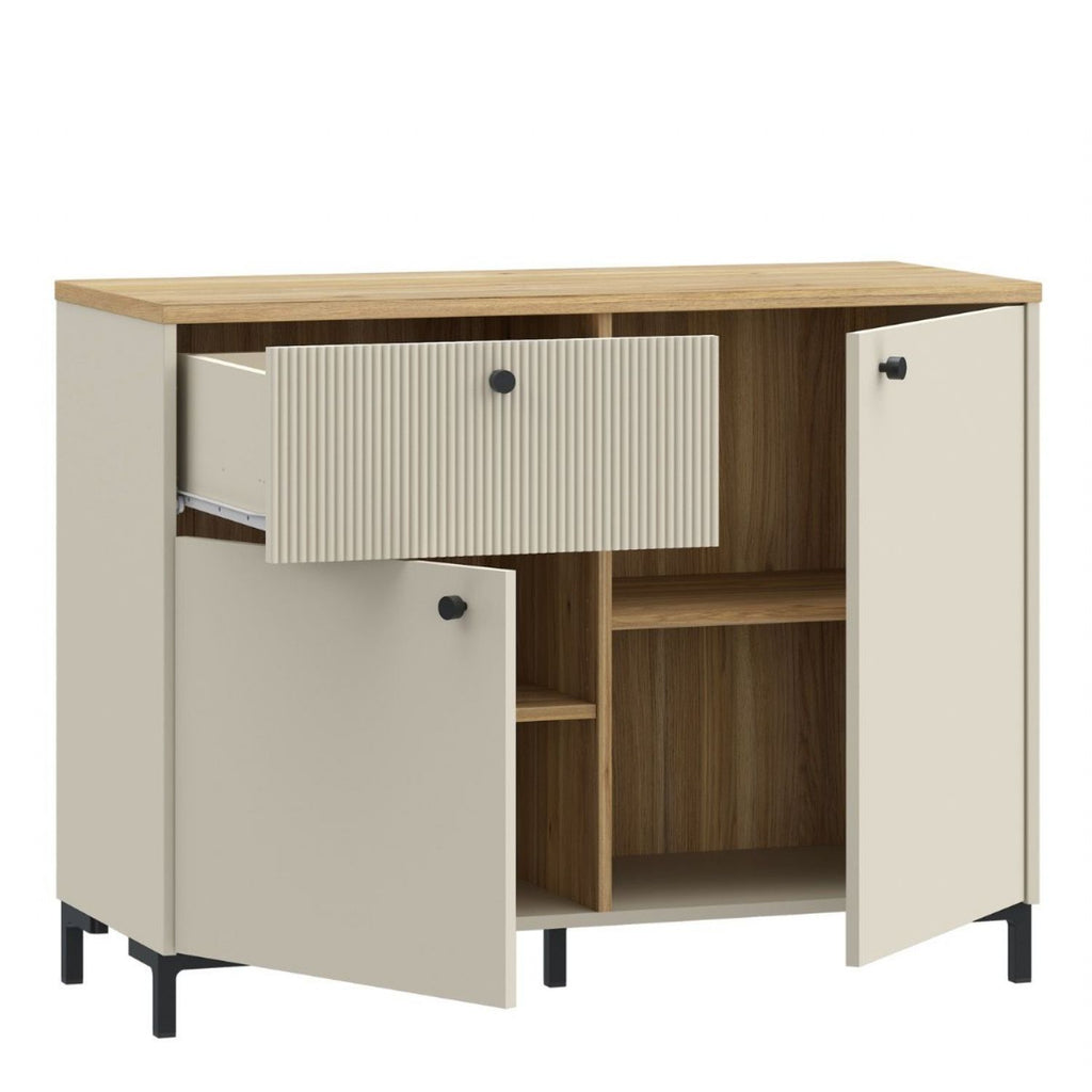 Bixbite Sideboard with Fluted Detail, Drawer & Cupboard in Mauvella Oak and Sand