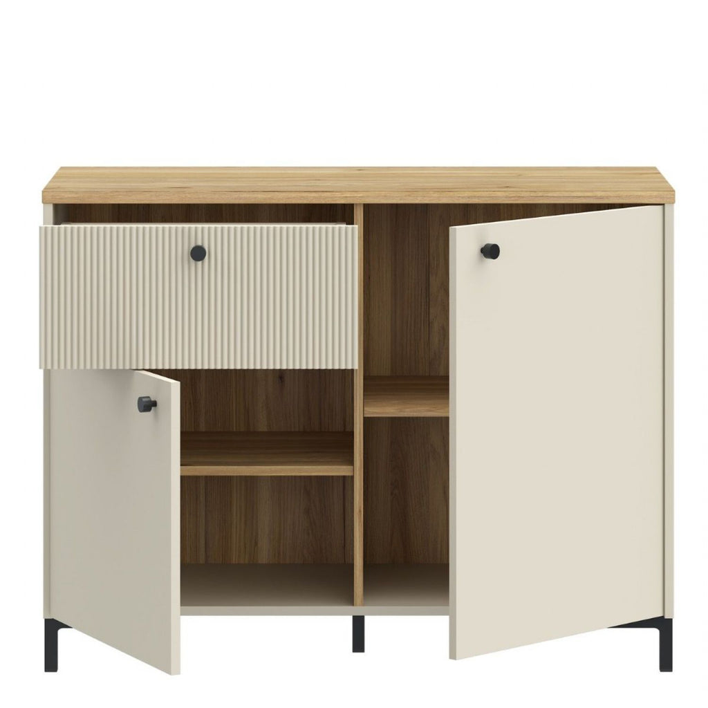Bixbite Sideboard with Fluted Detail, Drawer & Cupboard in Mauvella Oak and Sand