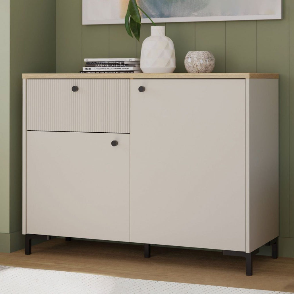 Bixbite Sideboard with Fluted Detail, Drawer & Cupboard in Mauvella Oak and Sand