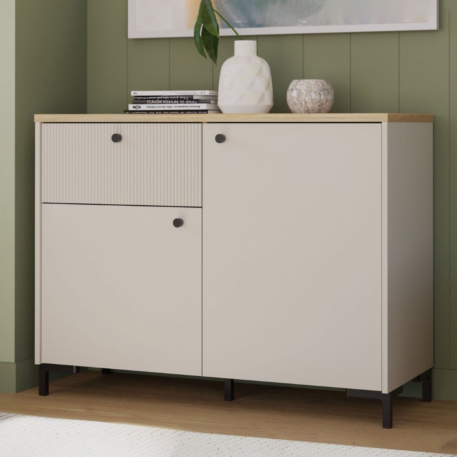 Bixbite Sideboard with Fluted Detail, Drawer & Cupboard in Mauvella Oak and Sand
