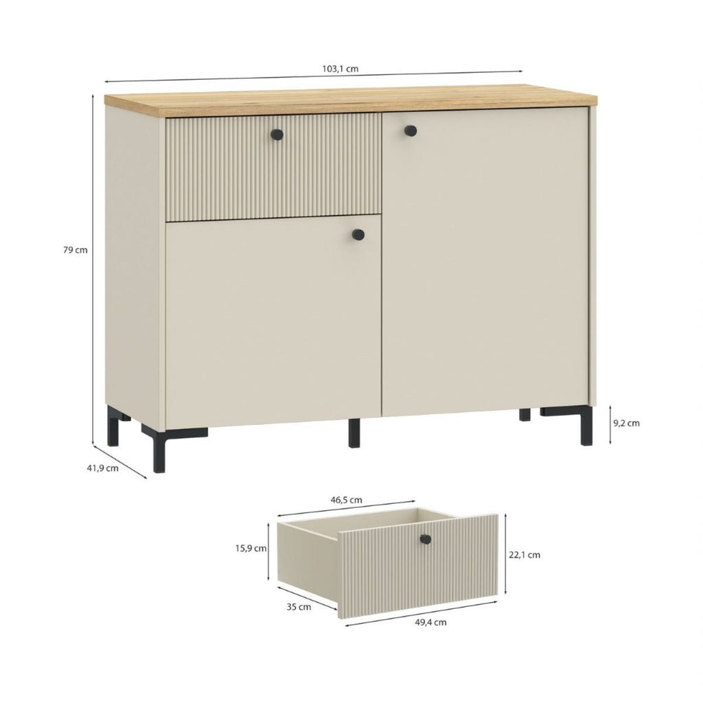 Bixbite Sideboard with Fluted Detail, Drawer & Cupboard in Mauvella Oak and Sand