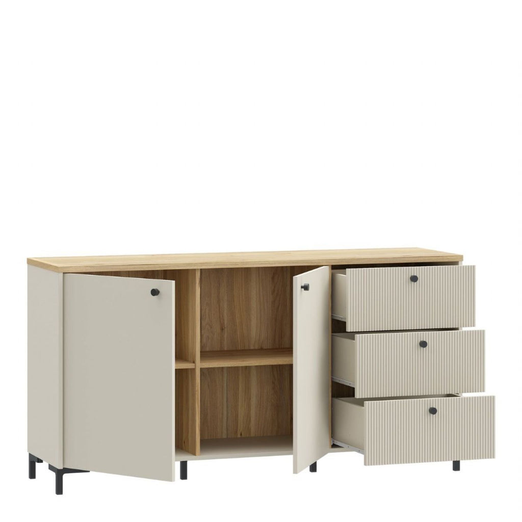 Bixbite Wide Sideboard with Fluted Drawers & Cupboard in Mauvella Oak and Sand