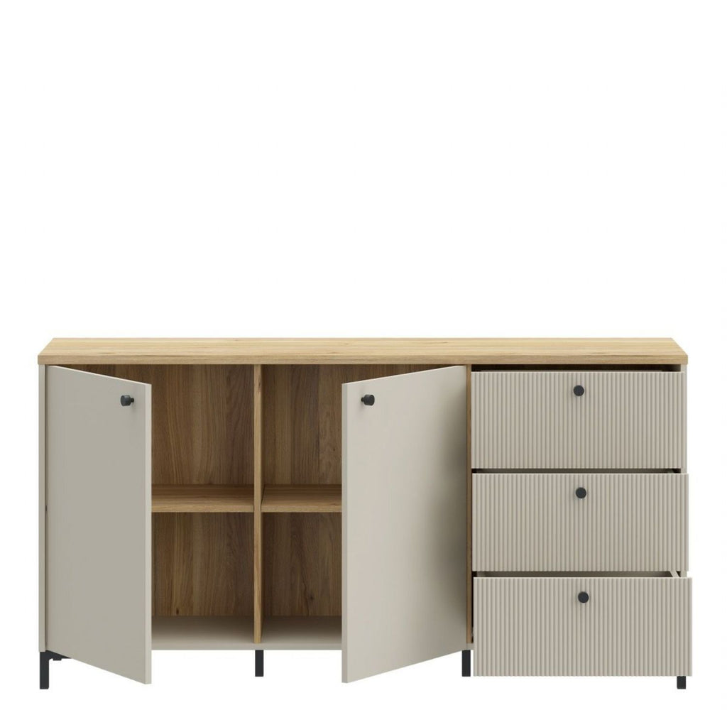 Bixbite Wide Sideboard with Fluted Drawers & Cupboard in Mauvella Oak and Sand