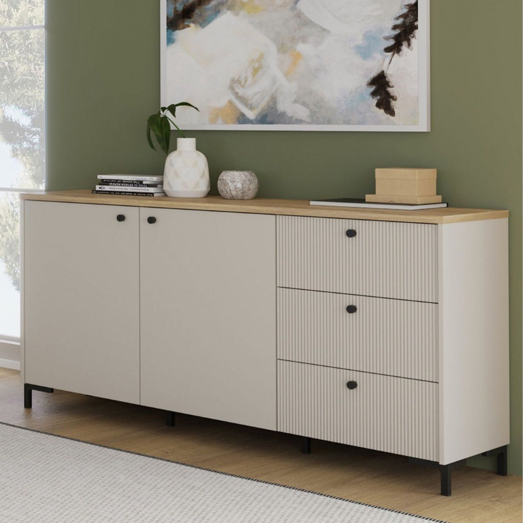 Bixbite Wide Sideboard with Fluted Drawers & Cupboard in Mauvella Oak and Sand