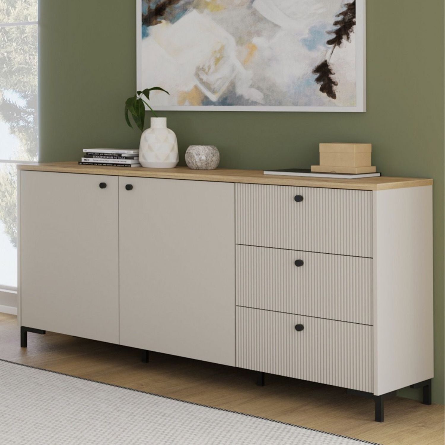 Bixbite Wide Sideboard with Fluted Drawers & Cupboard in Mauvella Oak and Sand