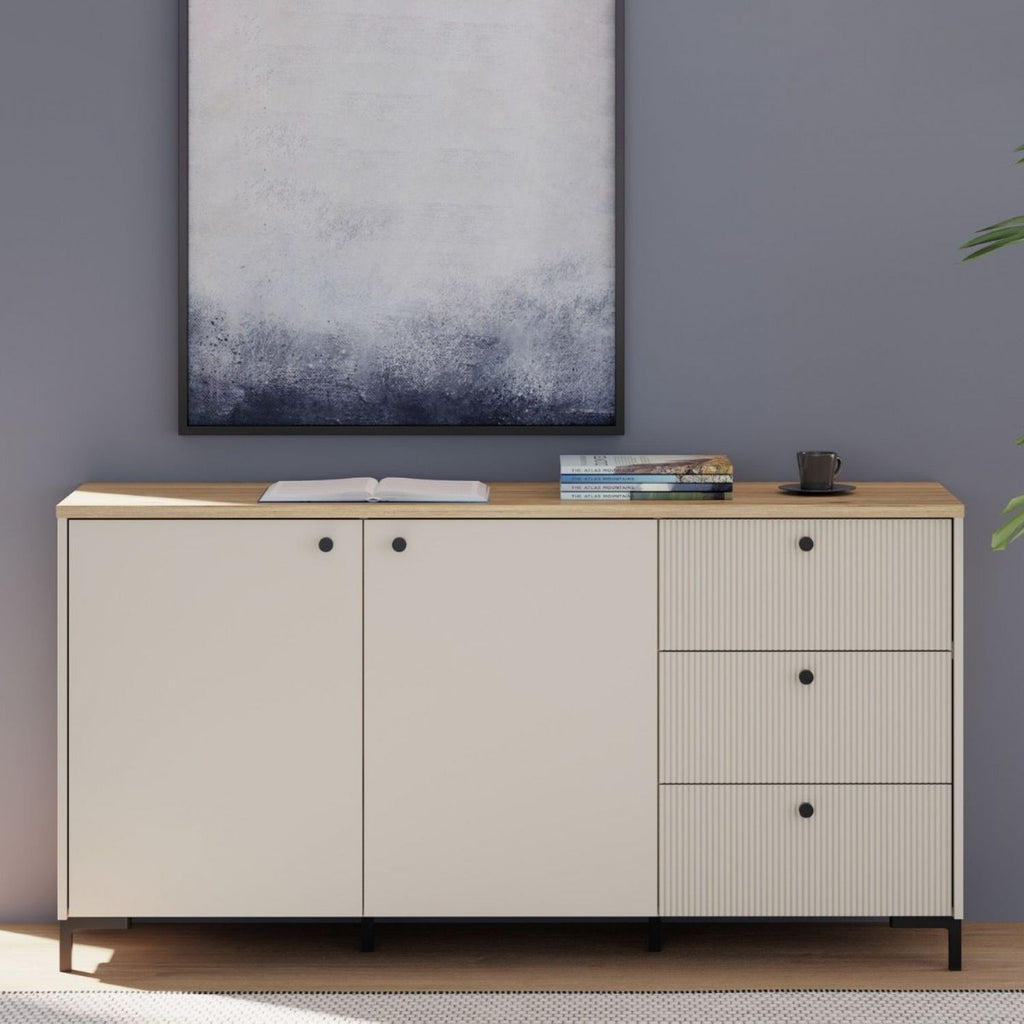 Bixbite Wide Sideboard with Fluted Drawers & Cupboard in Mauvella Oak and Sand