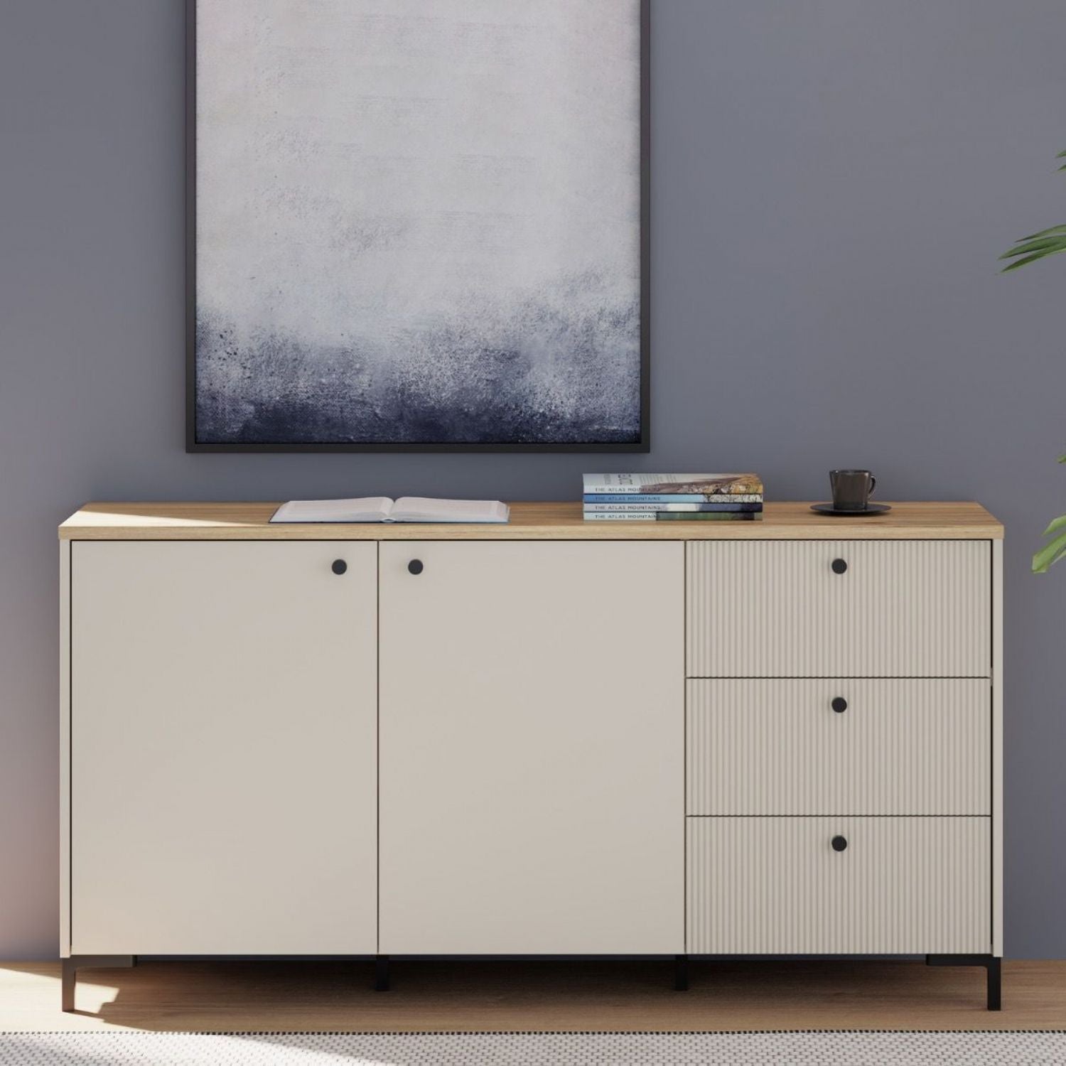 Bixbite Wide Sideboard with Fluted Drawers & Cupboard in Mauvella Oak and Sand