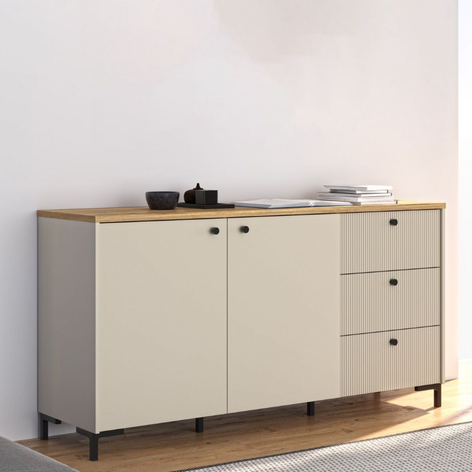 Bixbite Wide Sideboard with Fluted Drawers & Cupboard in Mauvella Oak and Sand
