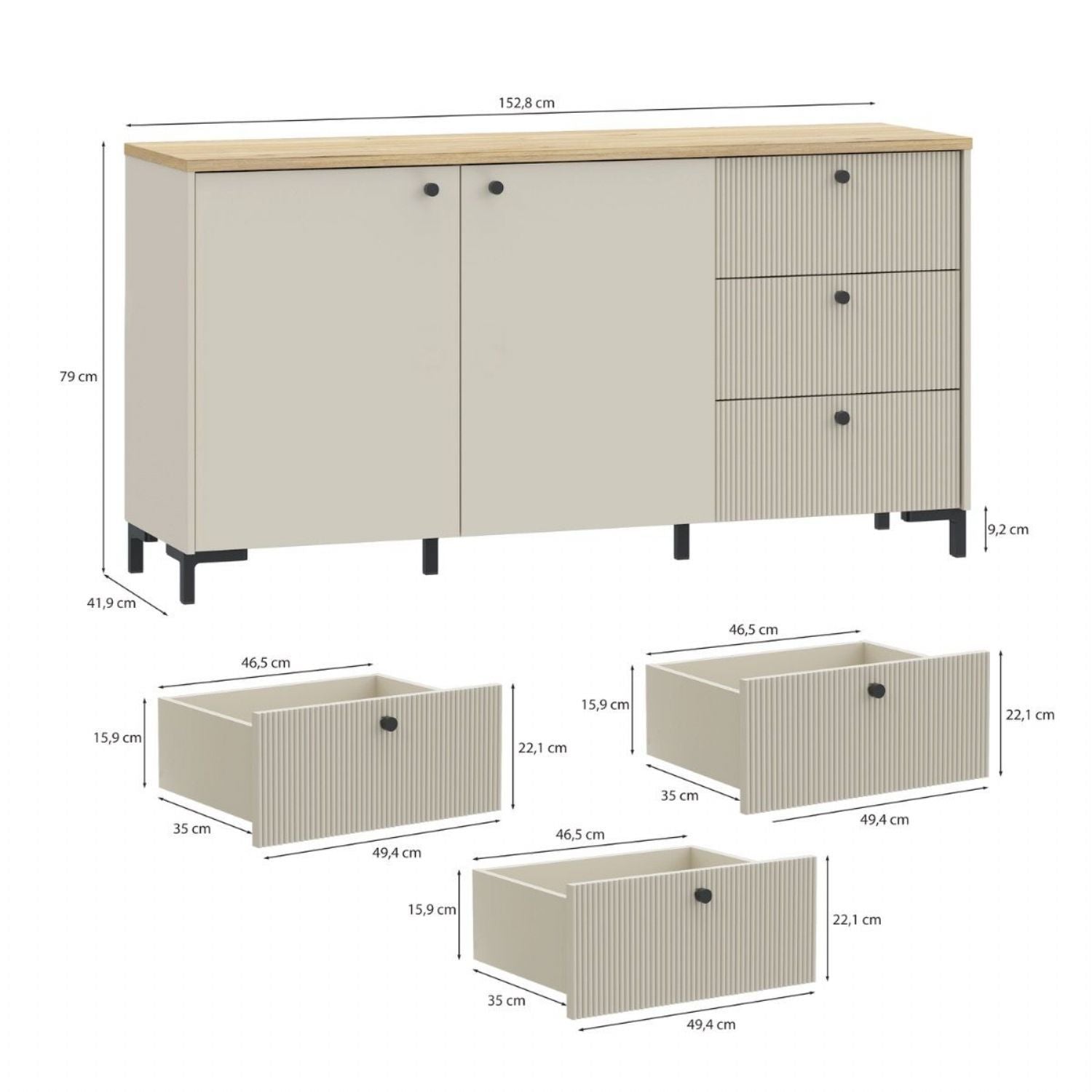Bixbite Wide Sideboard with Fluted Drawers & Cupboard in Mauvella Oak and Sand