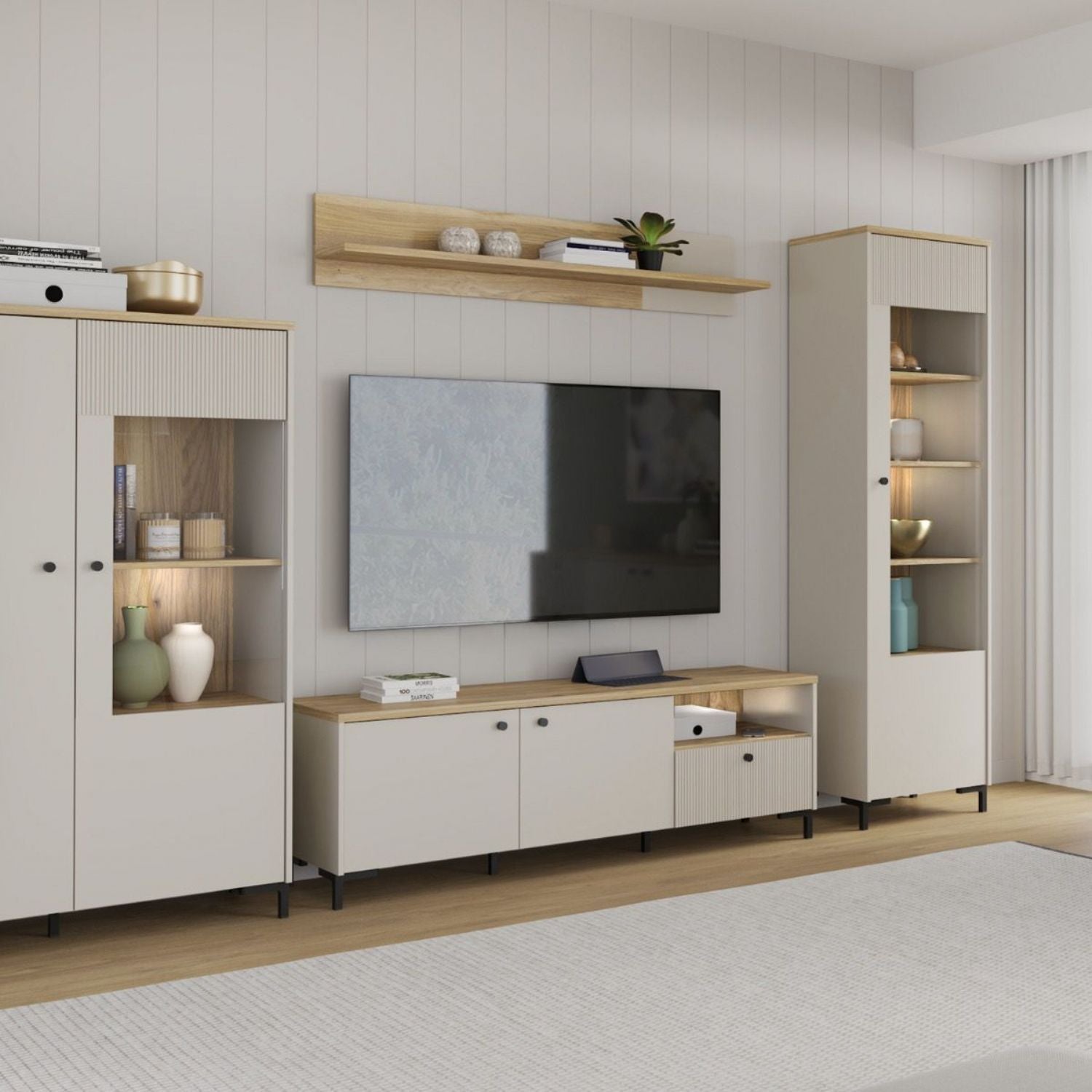 Bixbite Wide TV Unit with Fluted Drawer, Open Shelf & Cupboard in Mauvella Oak and Sand