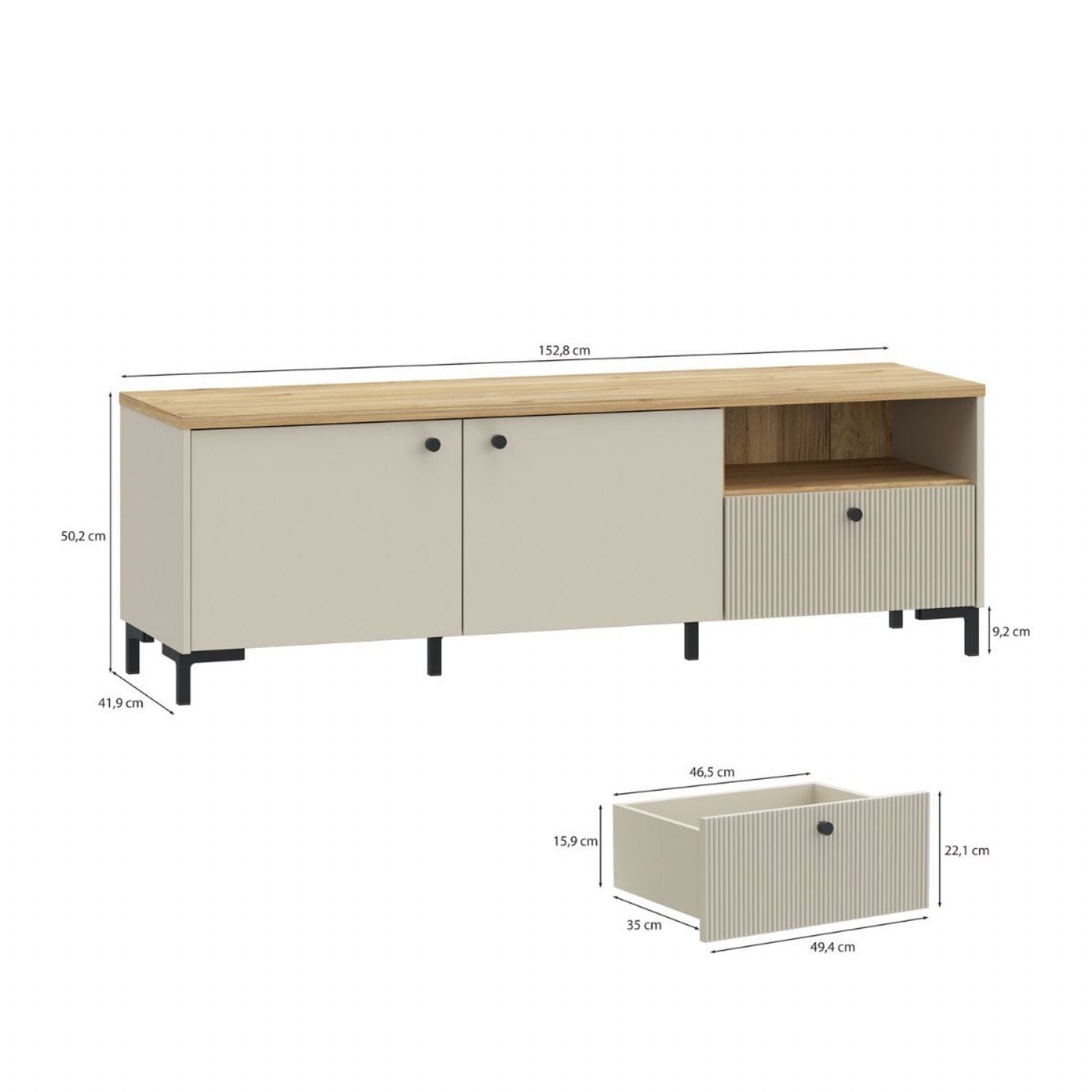 Bixbite Wide TV Unit with Fluted Drawer, Open Shelf & Cupboard in Mauvella Oak and Sand