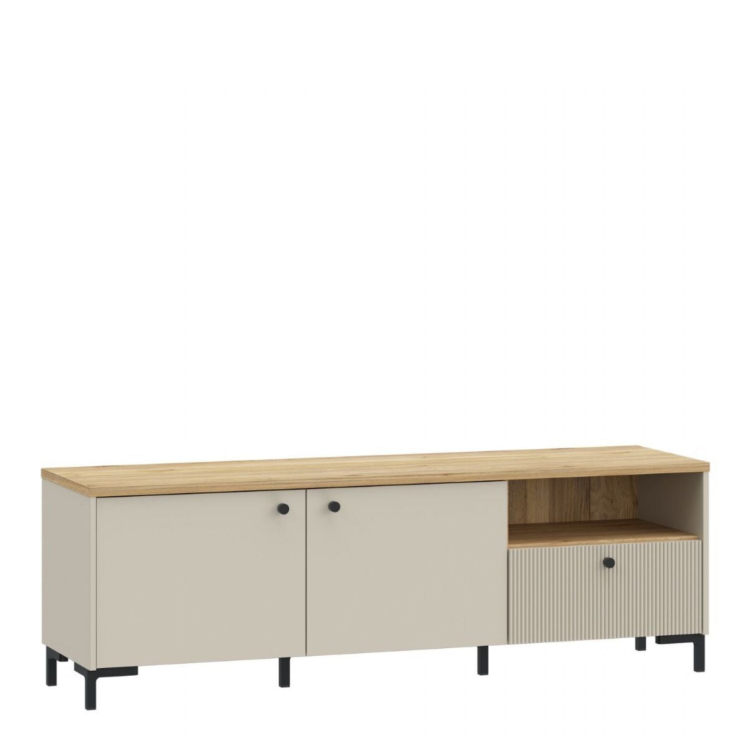 Bixbite Wide TV Unit with Fluted Drawer, Open Shelf &amp; Cupboard in Mauvella Oak and Sand