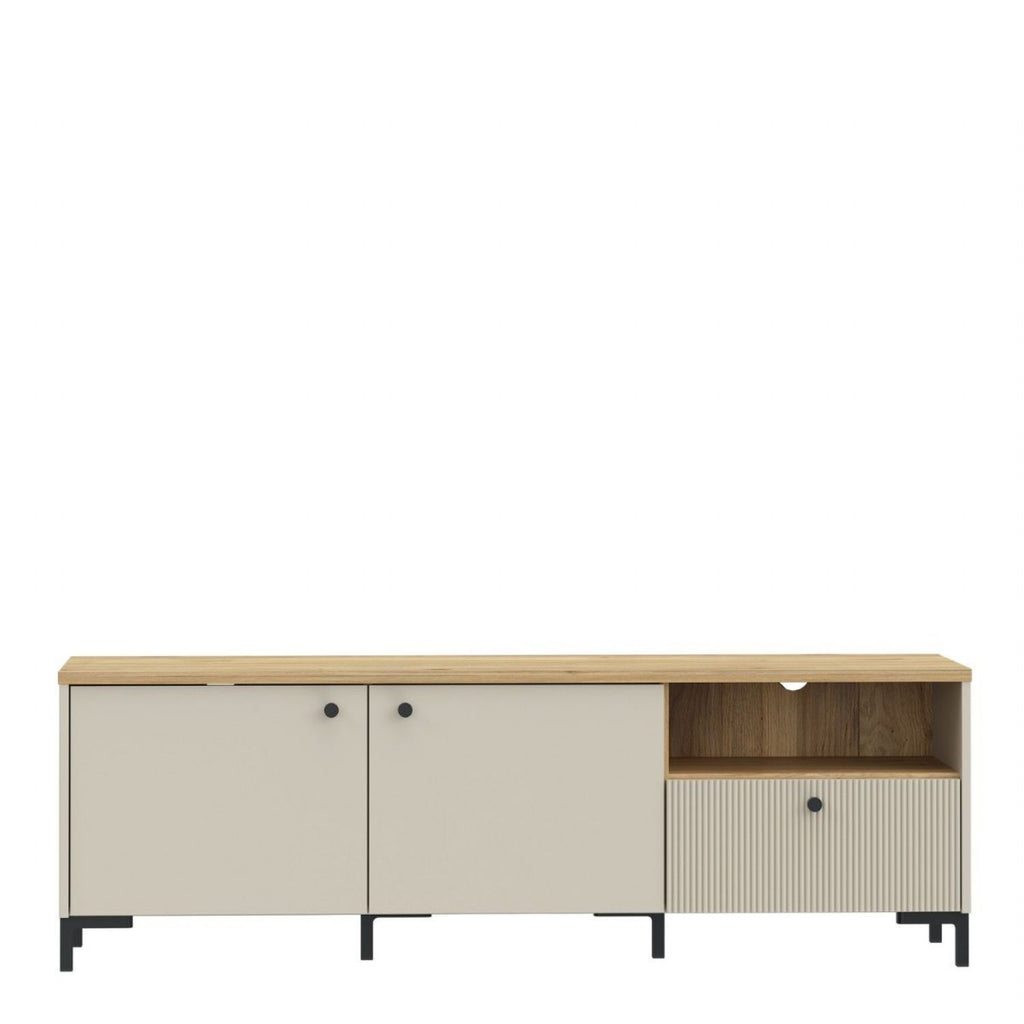 Bixbite Wide TV Unit with Fluted Drawer, Open Shelf & Cupboard in Mauvella Oak and Sand