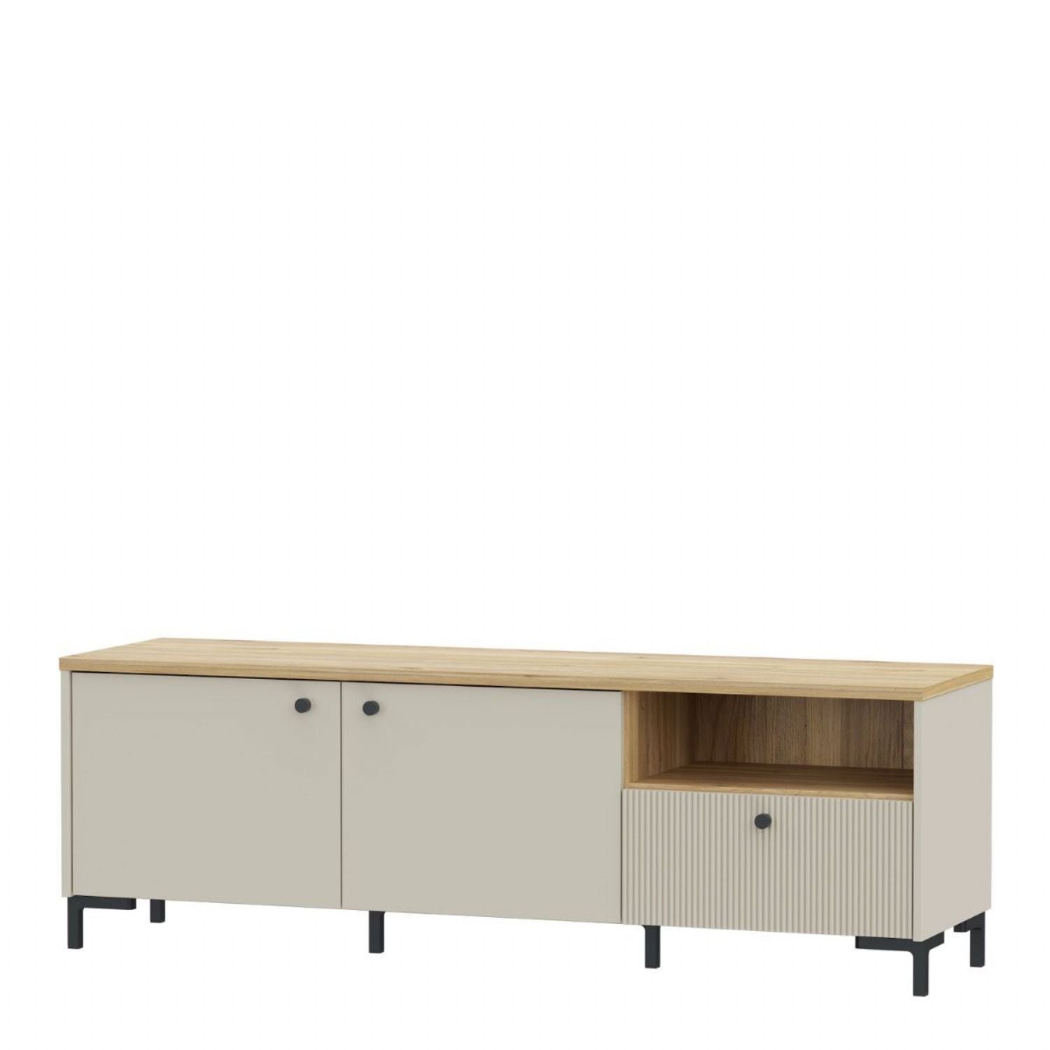 Bixbite Wide TV Unit with Fluted Drawer, Open Shelf & Cupboard in Mauvella Oak and Sand