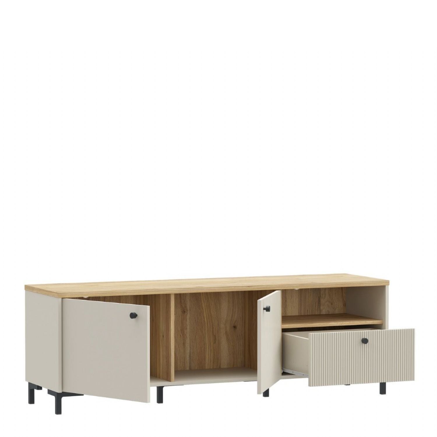 Bixbite Wide TV Unit with Fluted Drawer, Open Shelf & Cupboard in Mauvella Oak and Sand