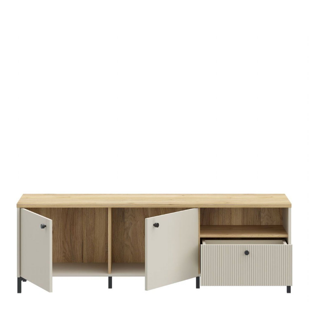 Bixbite Wide TV Unit with Fluted Drawer, Open Shelf & Cupboard in Mauvella Oak and Sand