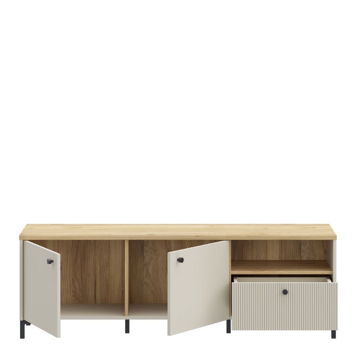 Bixbite Wide TV Unit with Fluted Drawer, Open Shelf & Cupboard in Mauvella Oak and Sand