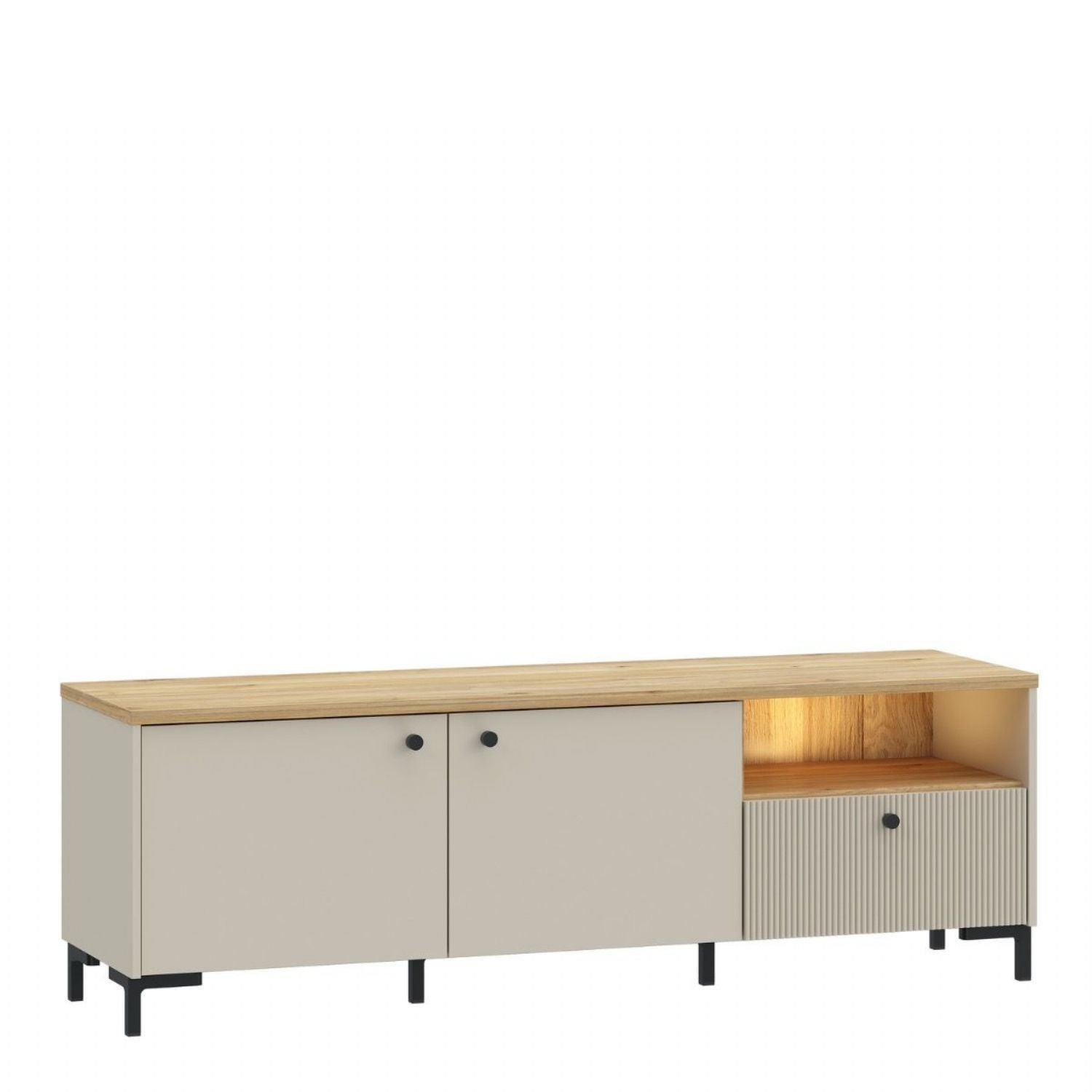 Bixbite Wide TV Unit with Fluted Drawer, Open Shelf & Cupboard in Mauvella Oak and Sand