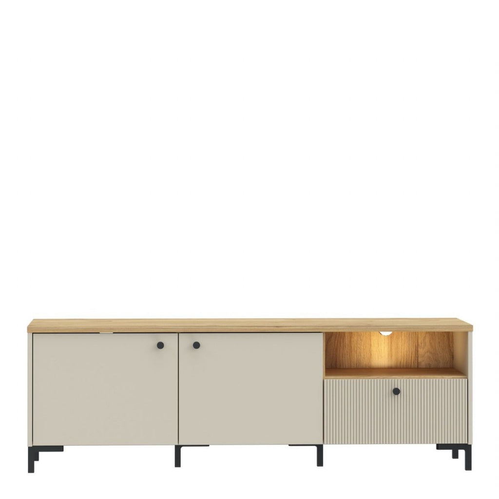 Bixbite Wide TV Unit with Fluted Drawer, Open Shelf & Cupboard in Mauvella Oak and Sand