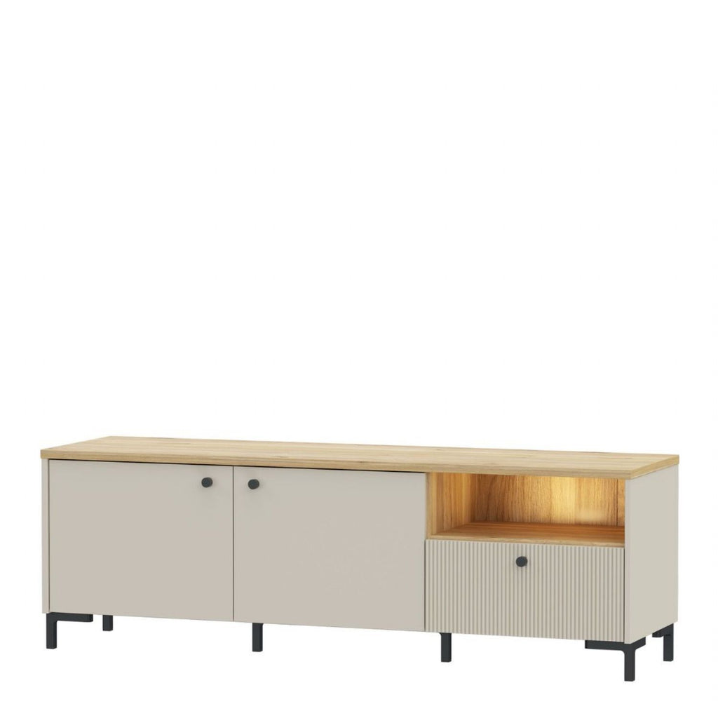 Bixbite Wide TV Unit with Fluted Drawer, Open Shelf & Cupboard in Mauvella Oak and Sand