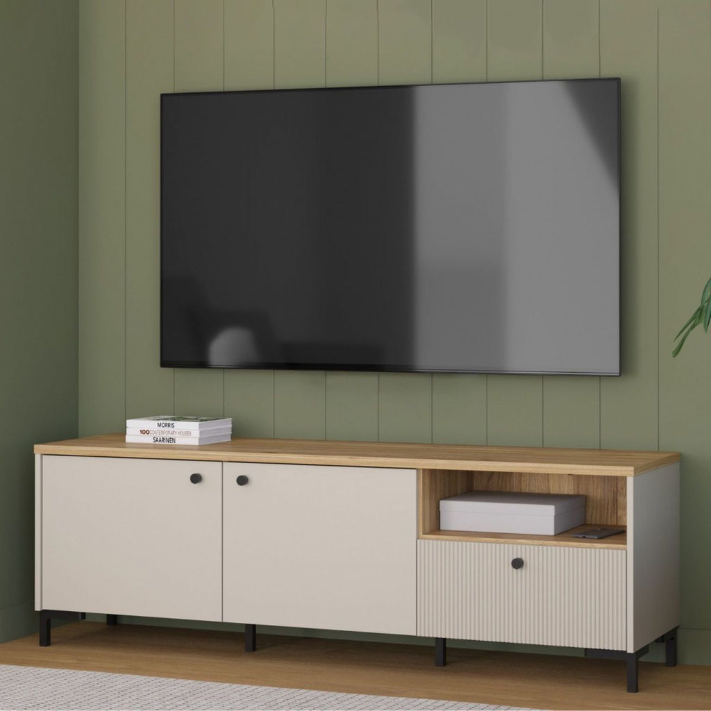 Bixbite Wide TV Unit with Fluted Drawer, Open Shelf & Cupboard in Mauvella Oak and Sand
