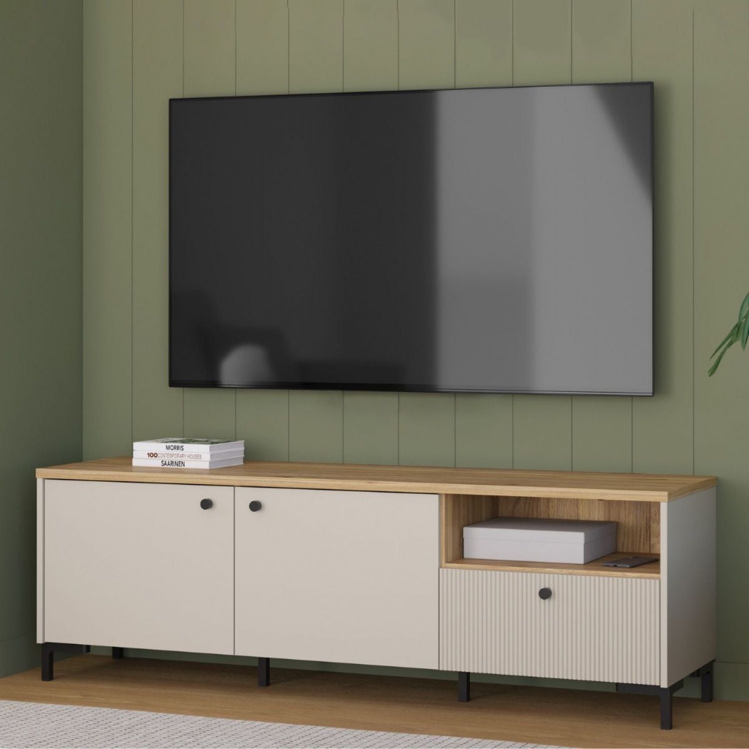 Bixbite Wide TV Unit with Fluted Drawer, Open Shelf & Cupboard in Mauvella Oak and Sand