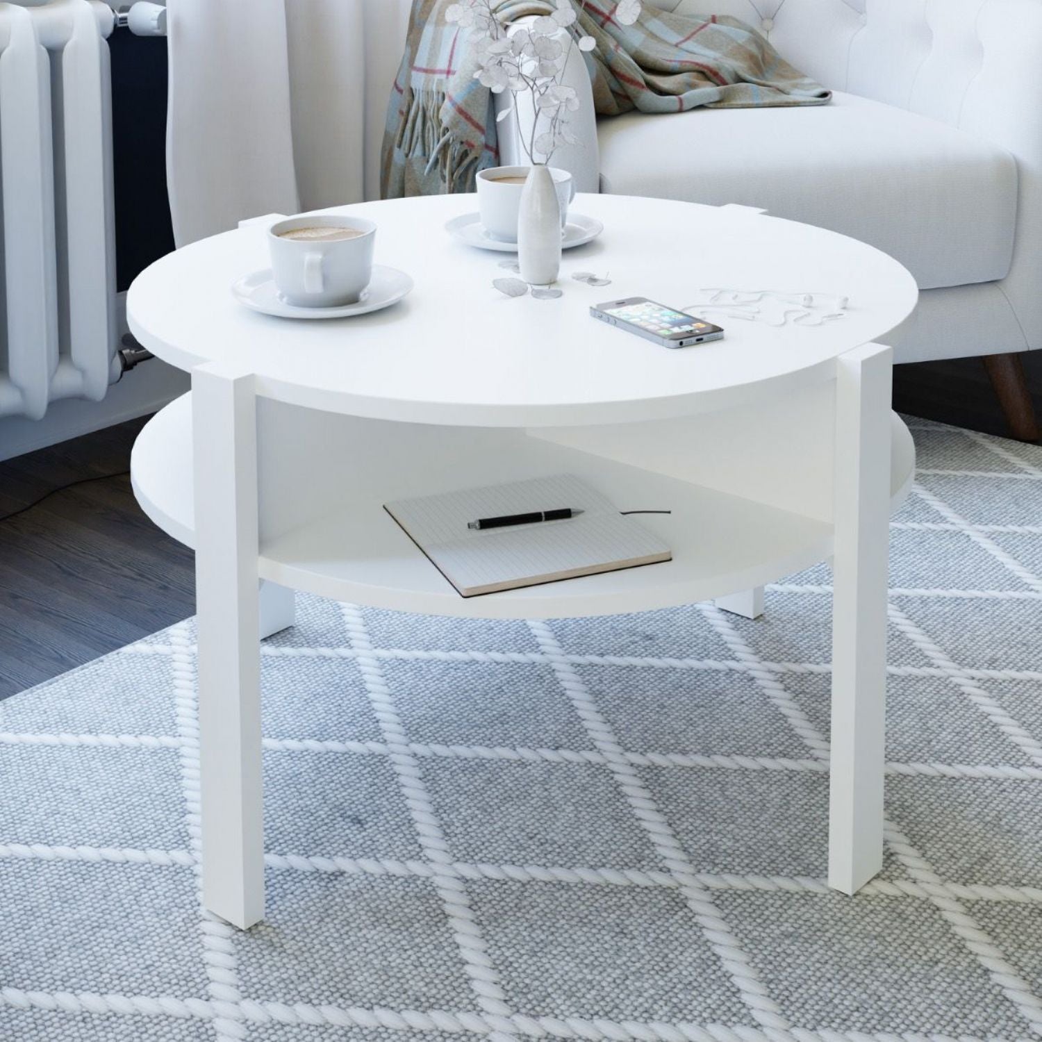Tobago Round Coffee Table with Open Shelf in White