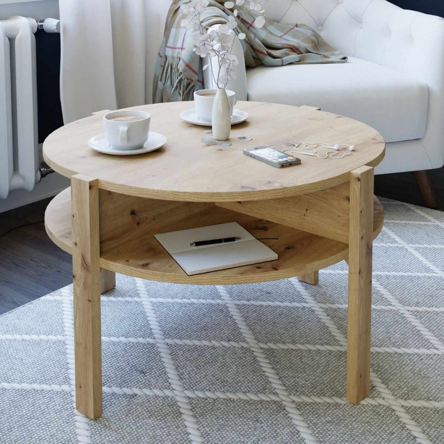 Tobago Round Coffee Table with Open Shelf in Artisan Oak