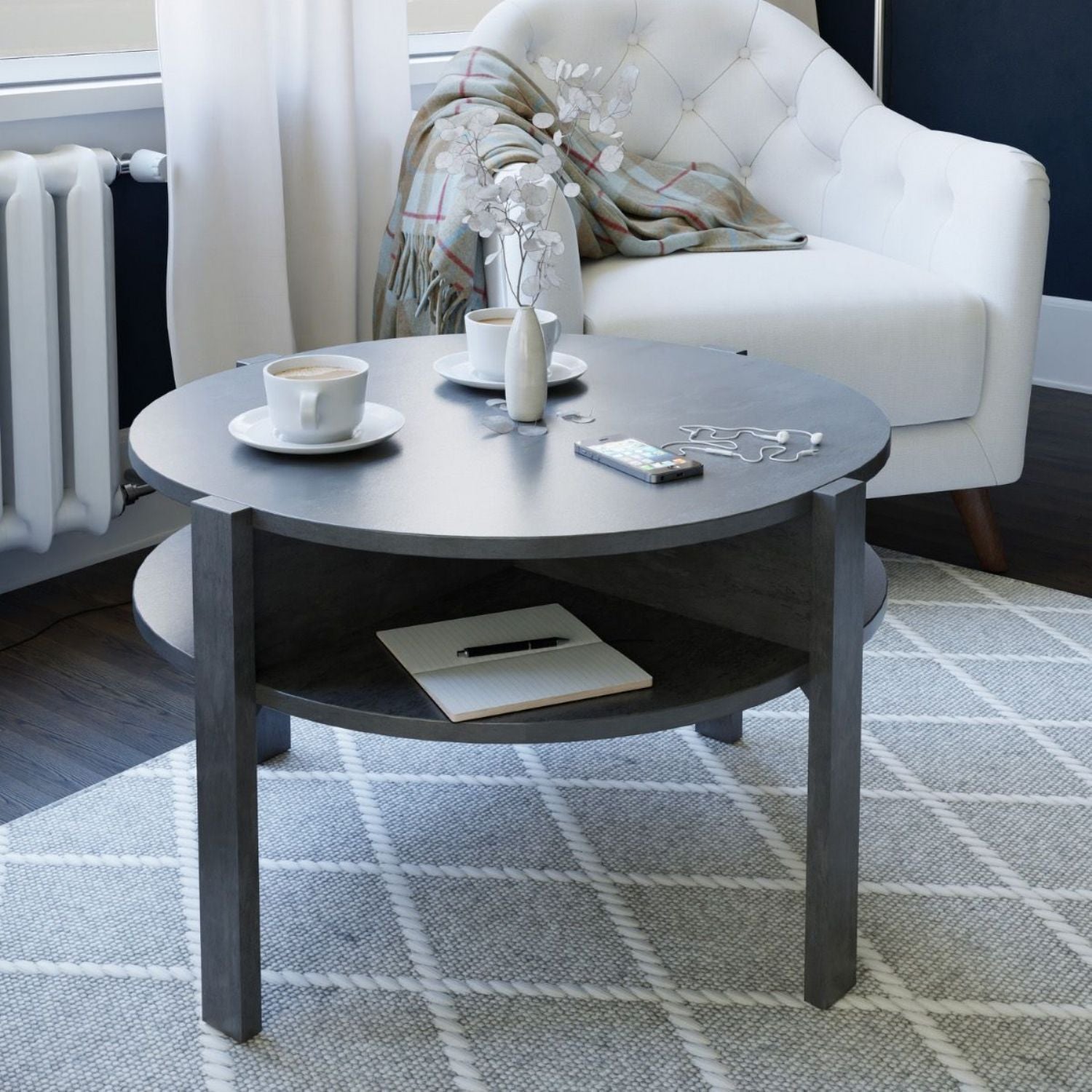 Tobago Round Coffee Table with Open Shelf in Optic Dark Grey